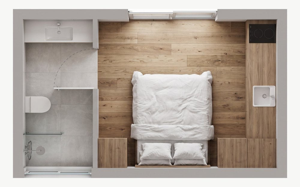 Planta do módulo T0 — quarto, WC e kitchenette