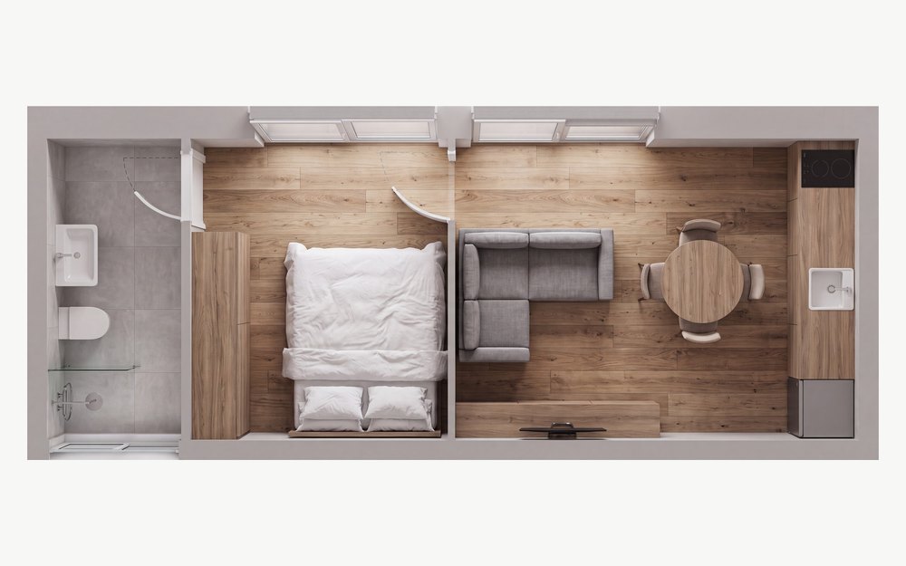 Planta do módulo T1 — quarto e WC de um lado, sala e cozinha do outro